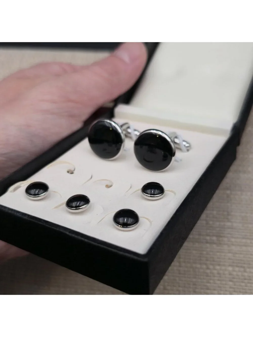 Classic Black Onyx Tuxedo Cufflinks and Studs Set with Silver Trim B1326